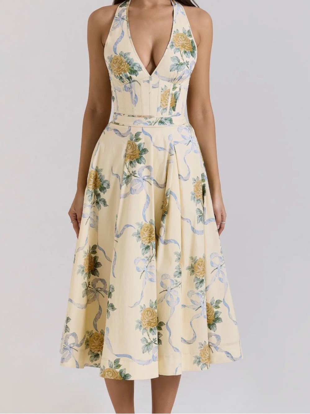Allena Floral Halter Stretch Cotton Midi Sundress